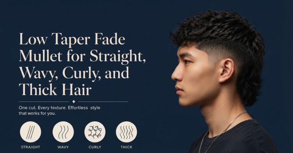 Low taper fade mullet for straight, wavy, curly, and thick hair