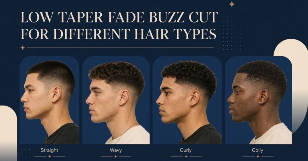 Low taper fade buzz cut for straight, wavy, curly, and coily hair